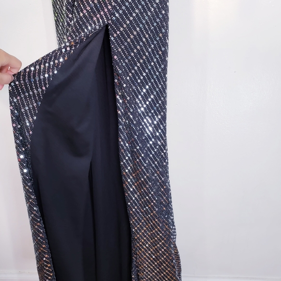 DAVE JOHNNY Dress 4 SMALL Junior Gown Halter Silver Black Maxi Long Bling Mirror - Picture 10 of 13